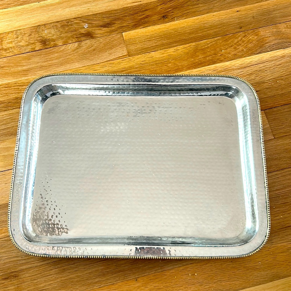 Hammered Steel Silver Metal Tray Platter Gold Trim 16.5” x 12.5”